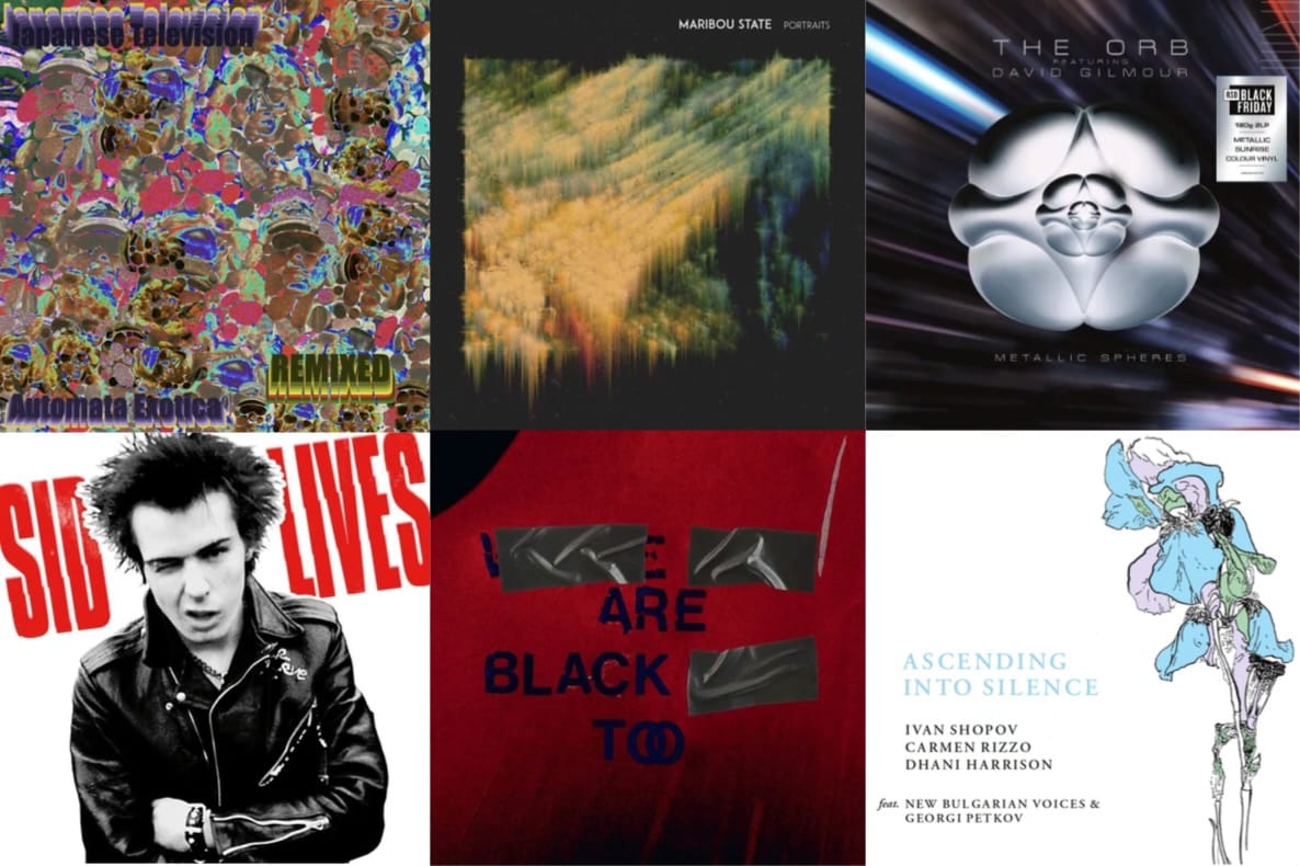 Album cover art for Japanese Television, Maribou State, the Orb with David Gilmour, Sid Vicious, Young Fathers, and Shopov/Rizzo/Harrison feat. New Bulgarian Voices.