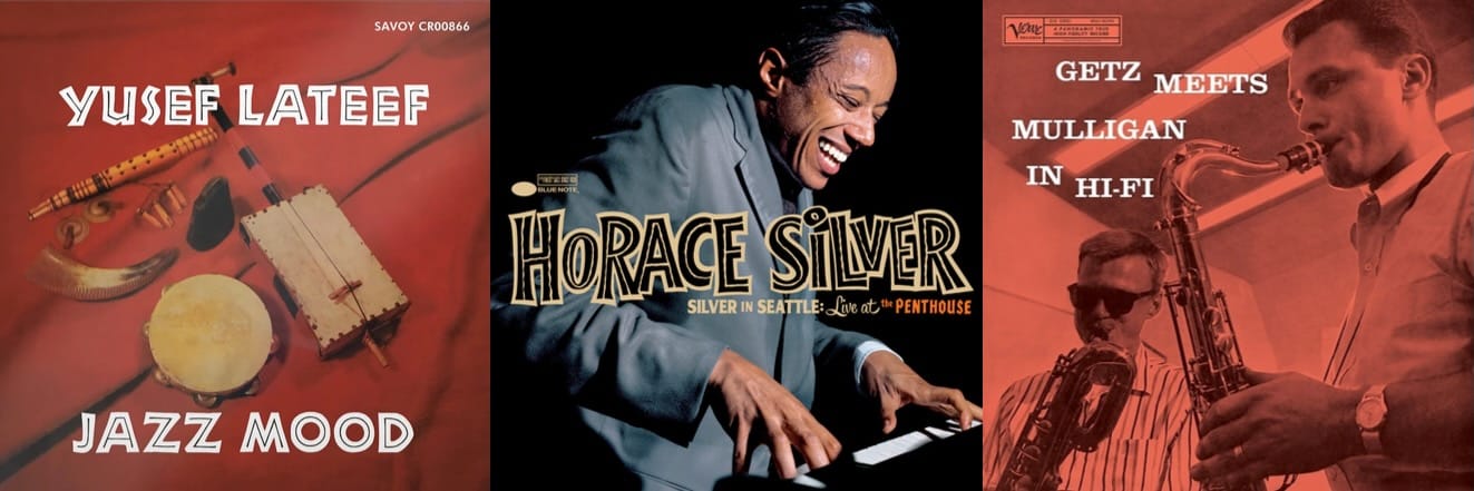 Cover art for Yusef Lateef, Horace Silver, and Stan Getz & Gerry Mulligan.