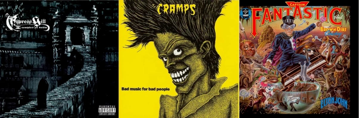 Cover art for Cypress Hill, the Cramps, and Elton John.