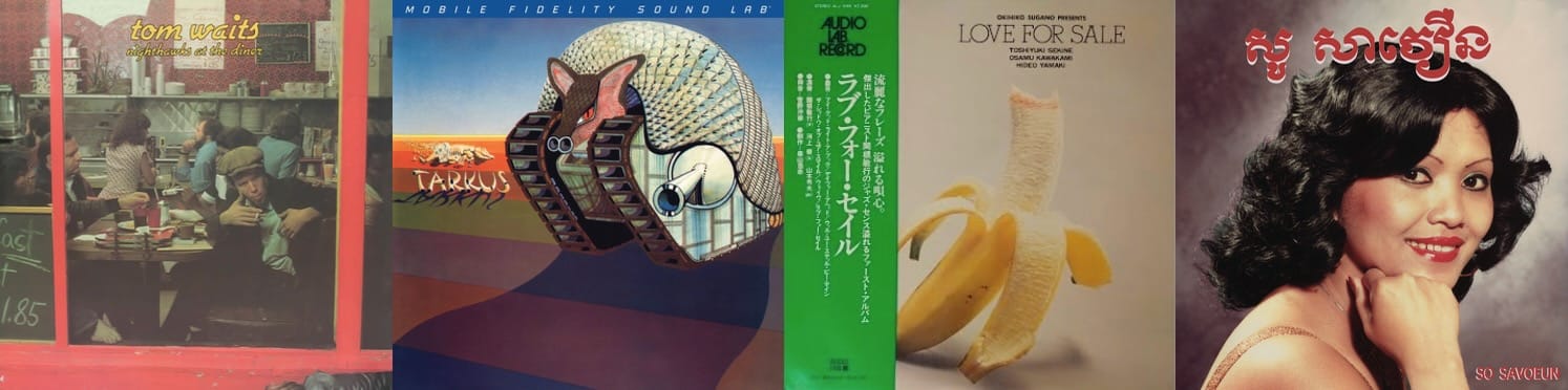 Album cover art for Tom Waits, Emerson Lake & Palmer, Toshiyuki Sekine Trio, and So Savoeun.