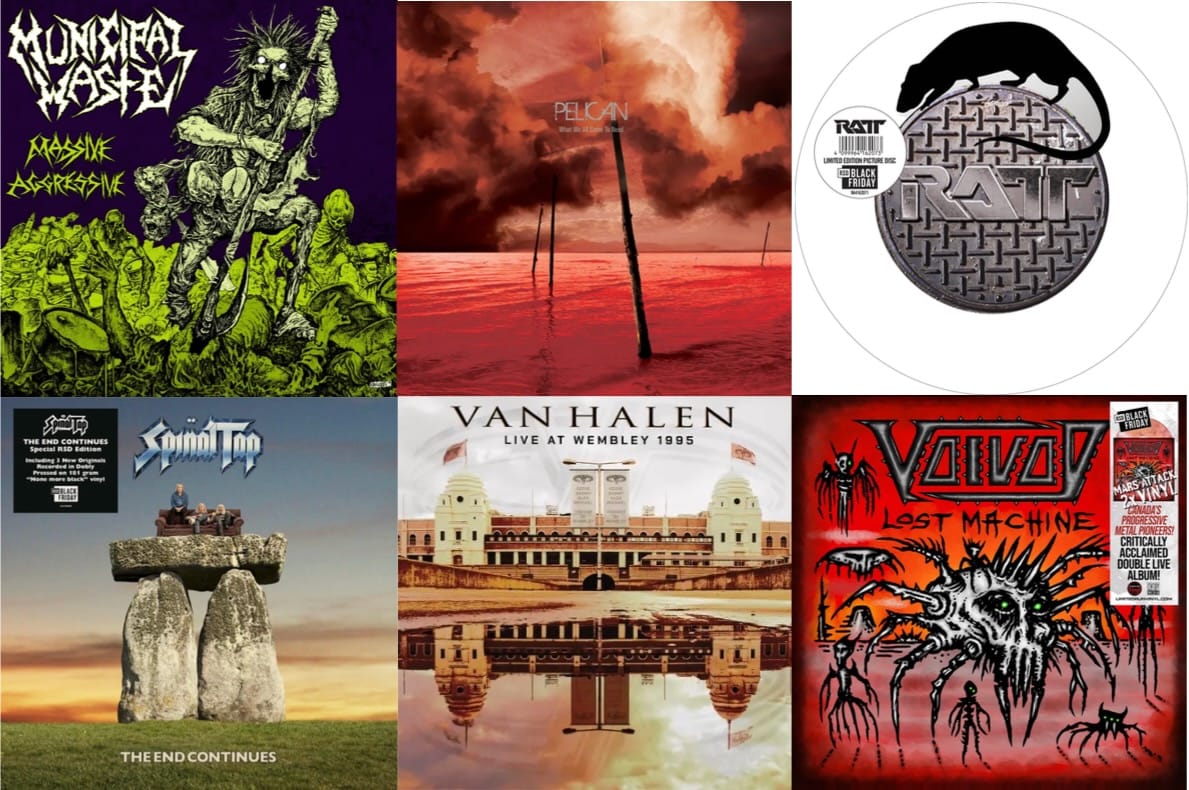 Cover art for Municipal Waste, Pelican, Ratt, Spinal Tap, Van Halen, and Voivod.