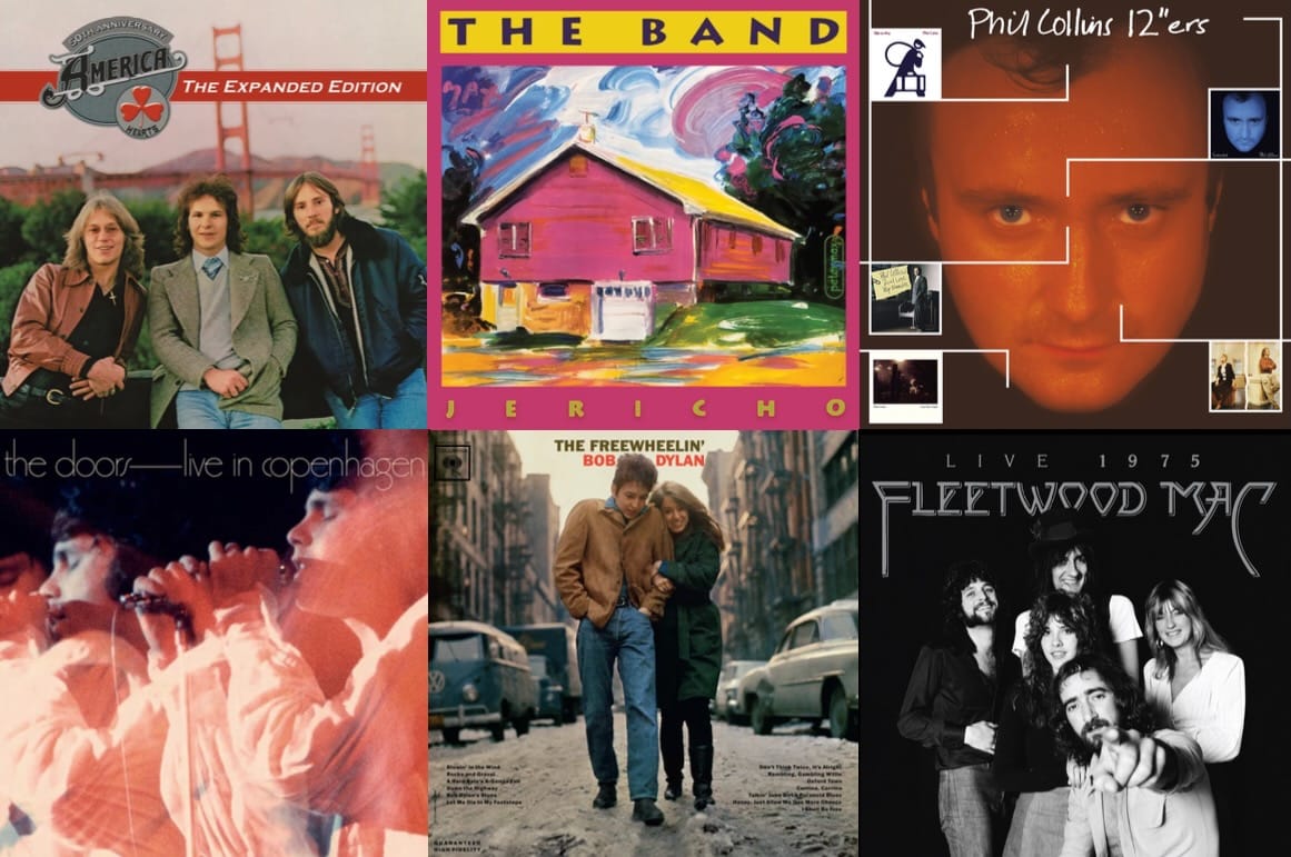 Cover art for America, the Band, Phil Collins, the Doors, Bob Dylan, and Fleetwood Mac.