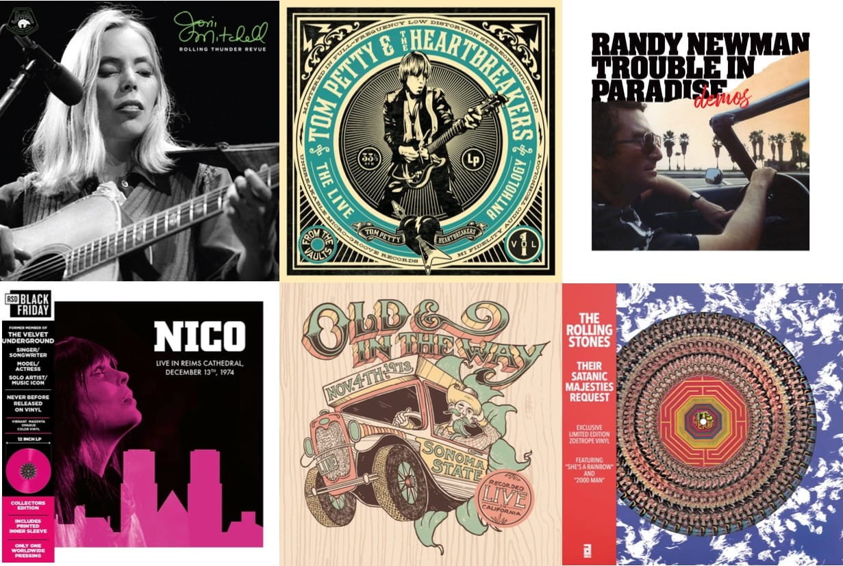 Cover art for Joni Mitchell, Tom Petty & The Heartbreakers, Randy Newman, Nico, Old & In the Way, and the Rolling Stones.