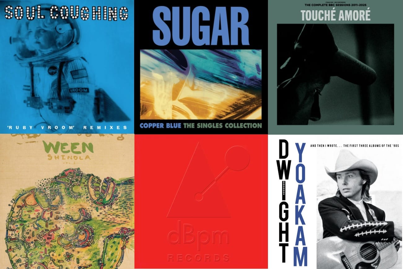 Album cover art for Soul Coughing, Sugar, Touché Amoré, Ween, Wilco/Tweedy, and Dwight Yoakam.