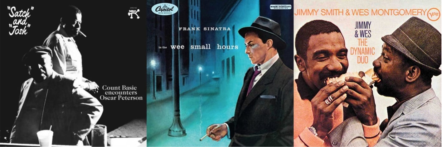 Cover art for Count Basie and Oscar Peterson, Frank Sinatra, and Jimmy Smith and Wes Montgomery.