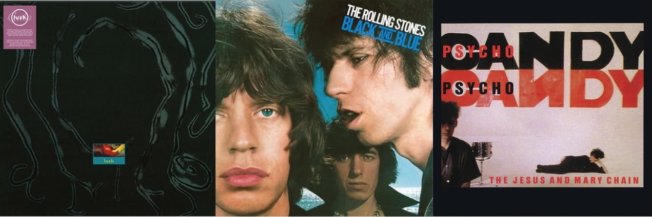 Cover art for Lush, the Rolling Stones, and the Jesus and Mary Chain.