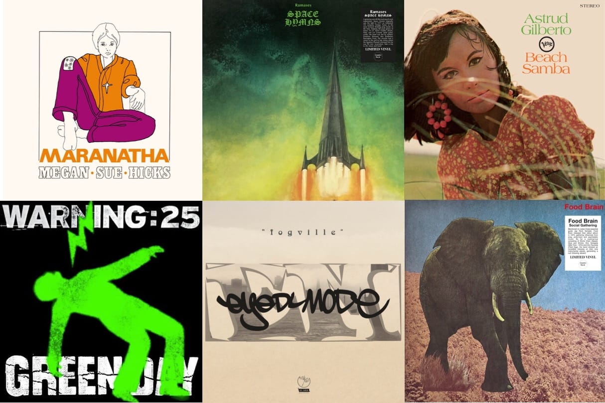 Cover art for Megan Sue Hicks, Ramases, Astrud Gilberto, Green Day, Eyedlmode, and Food Brain.