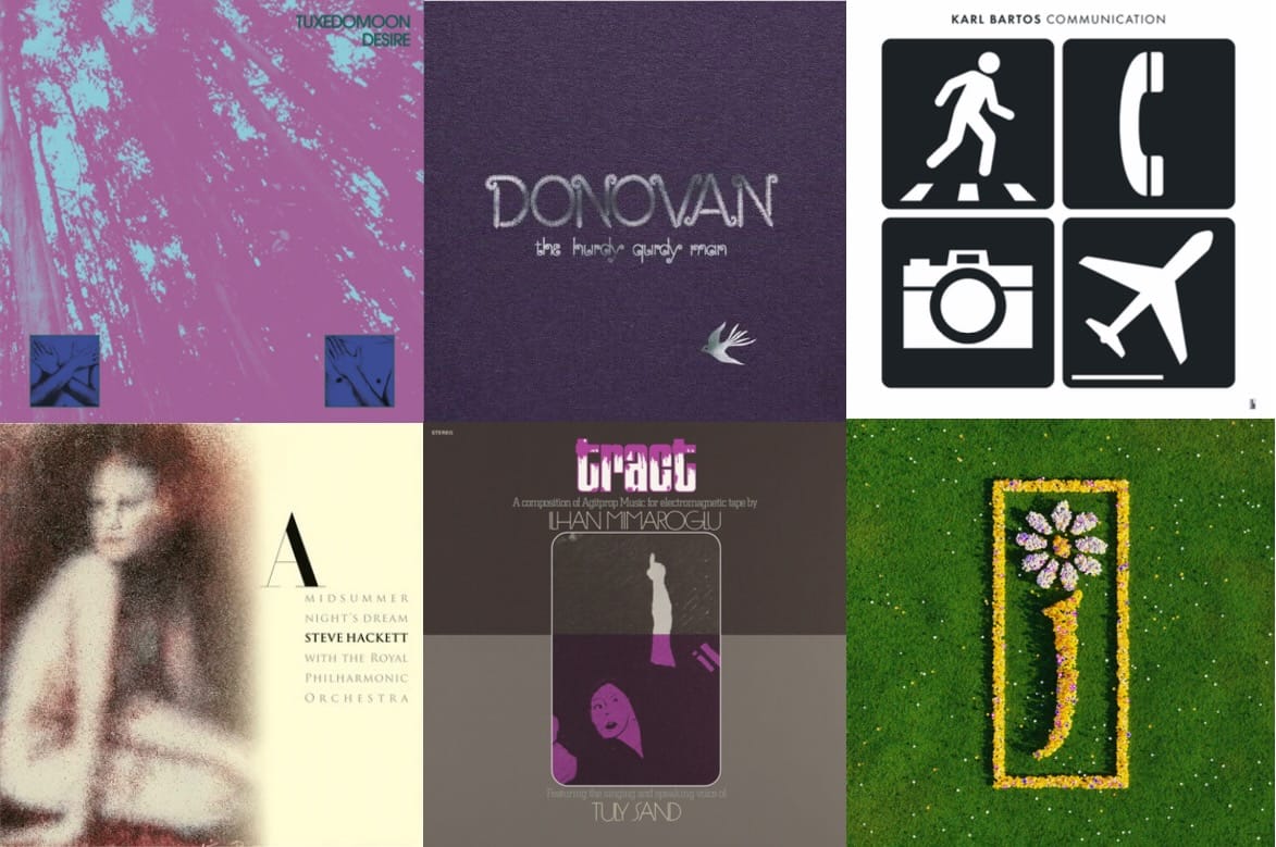 Cover art for Tuxedomoon, Donovan, Karl Bartos, Steve Hackett, Ilhan Mimaroglu, and James.