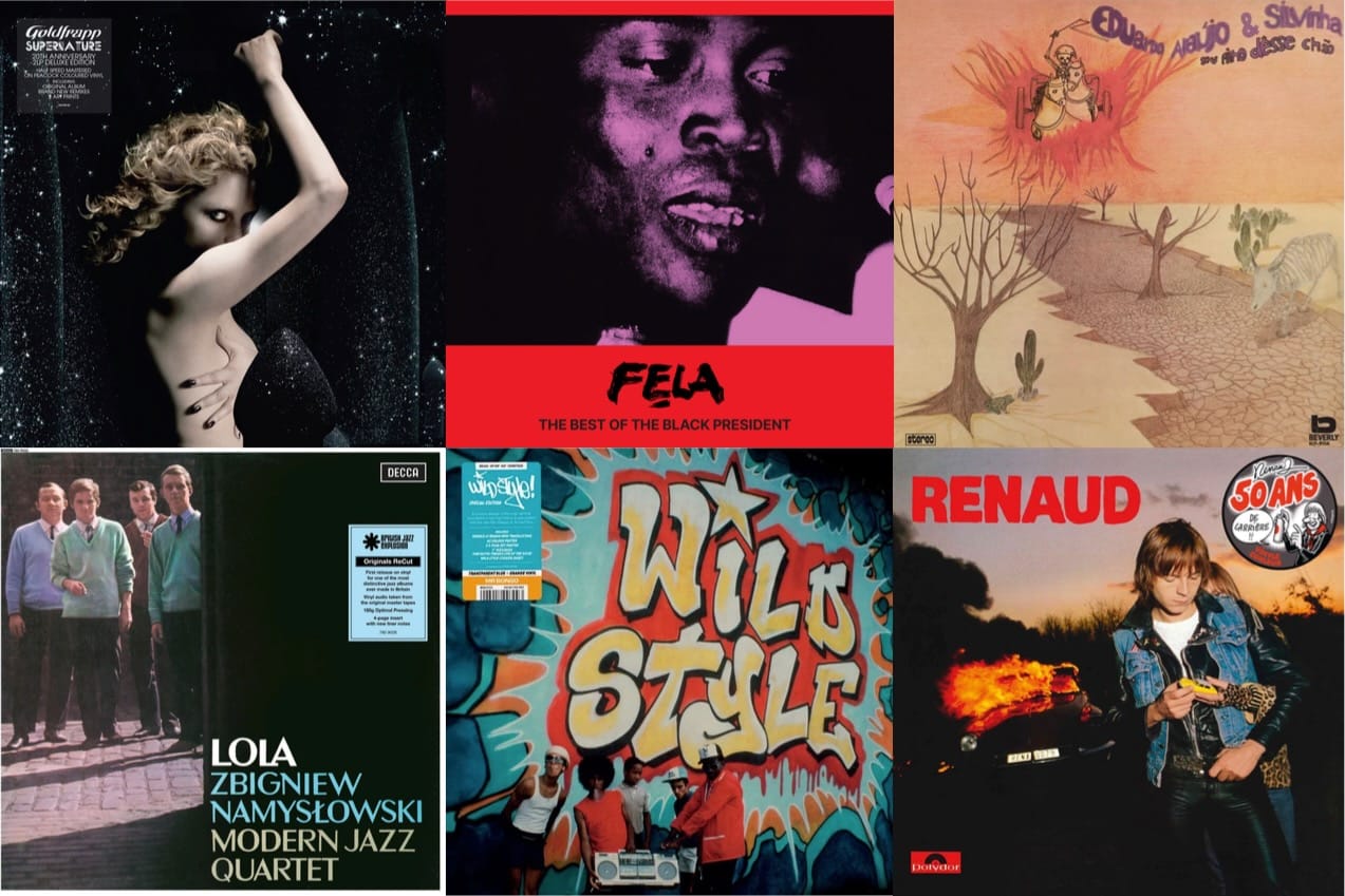 Cover art for Goldfrapp, Fela Kuti, Eduardo Araújo e Silvinha, Zbigniew Namysłowski, Wild Style, and Renaud.