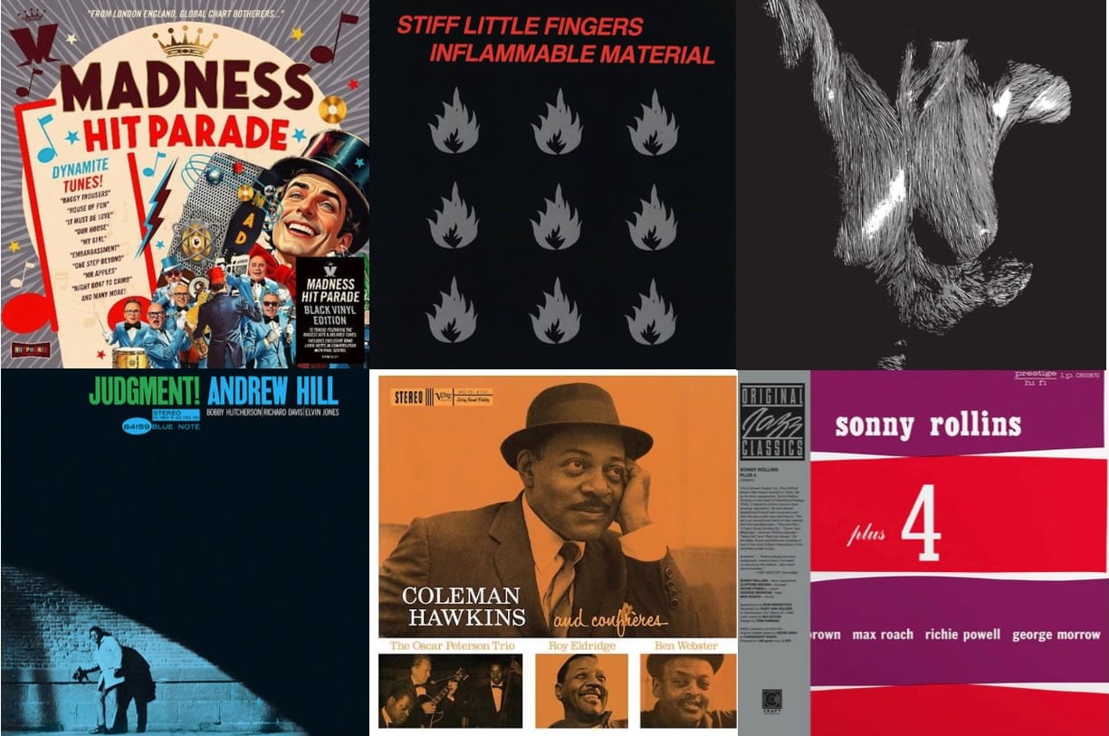 Cover art for Madness, Stiff Little Fingers, Oceansize, Andrew Hill, Coleman Hawkins, and Sonny Rollins.