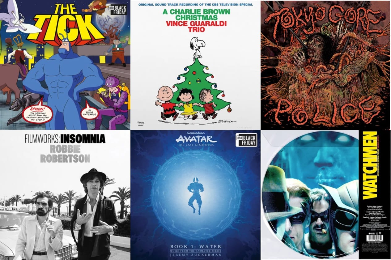 Album cover art for The Tick, Vince Guaraldi Trio, Tokyo Gore Police, Robbie Robertson, Avatar: The Last Airbender, and Watchmen.