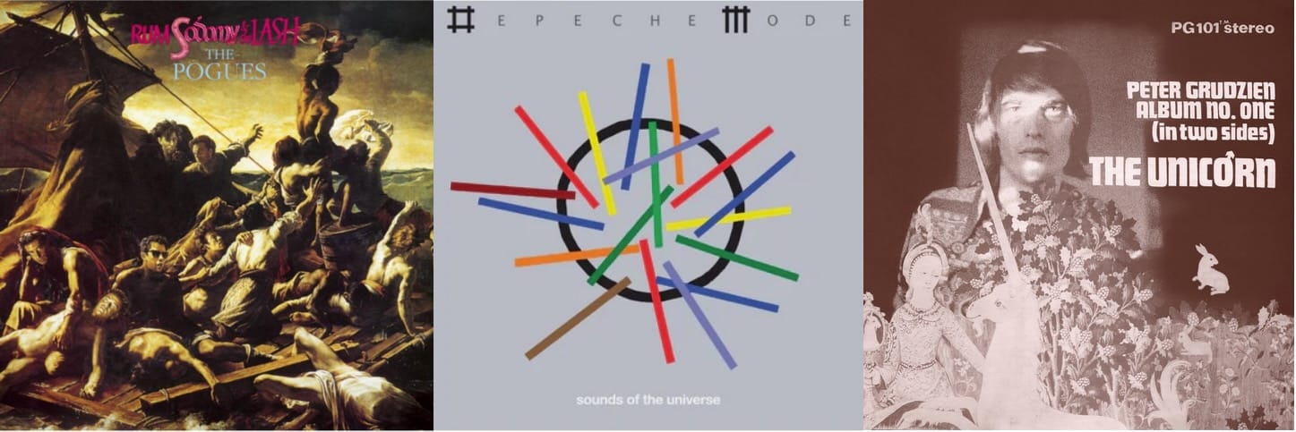 Cover art for the Pogues, Depeche Mode, and Peter Grudzien.