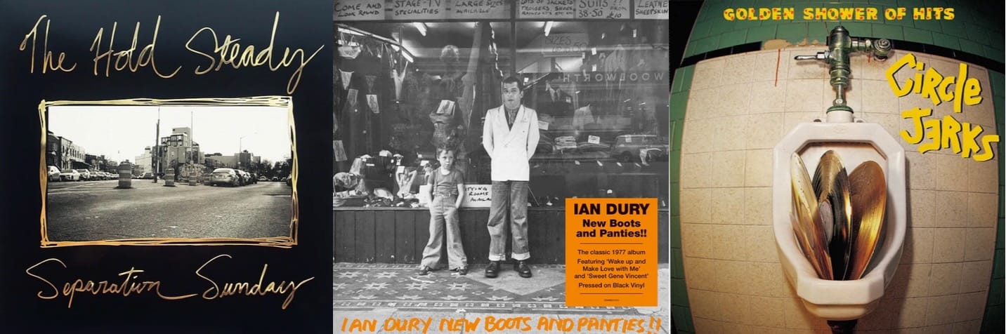 Cover art for the Hold Steady, Ian Dury, and Circle Jerks.