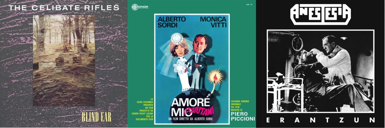 Cover art for the Celibate Rifles, Piero Piccioni, and Anestesia.