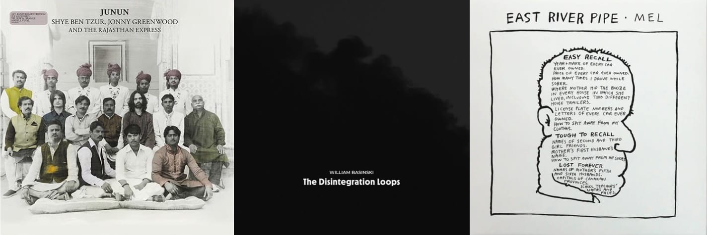 Cover art for Junun, William Basinski, and East River Pipe.