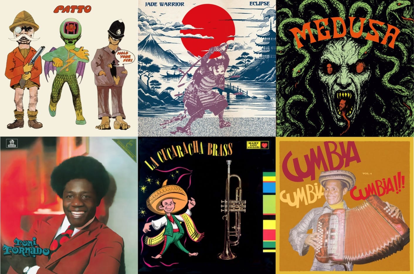 Cover art for Patto, Jade Warrior, Medusa, Toni Tornado, La Cucaracha Brass, and Cumbia Cumbia Cumbia!!! Vol. 4.