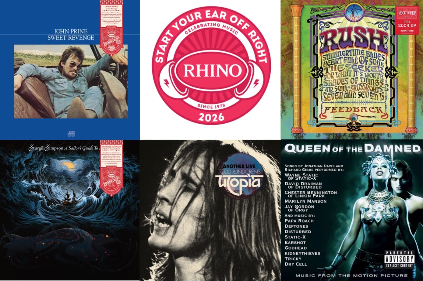 Cover art for John Prine, Rush, Sturgill Simpson, Utopia, and Queen of the Damned.