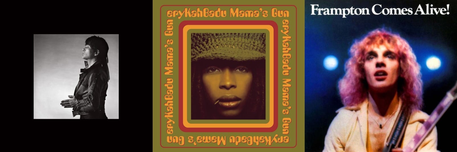 Cover art for Alan Vega, Erykah Badu, and Peter Frampton.