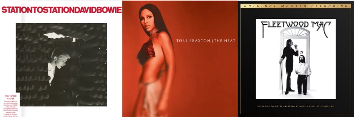 Cover art for David Bowie, Toni Braxton, and Fleetwood Mac.