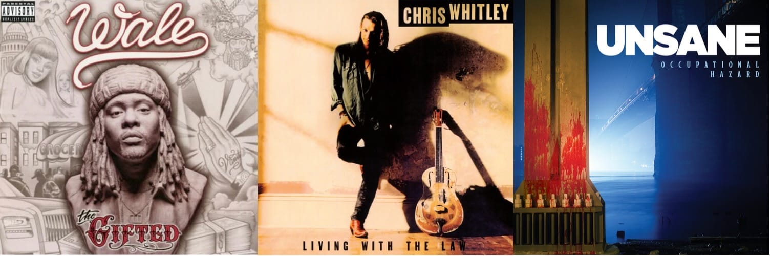 Cover art for Wale, Chris Whitley, and Unsane.