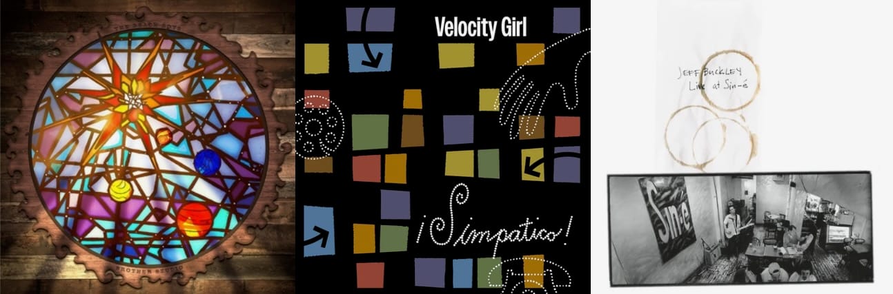 Cover art for the Beach Boys, Velocity Girl, and Jeff Buckley.