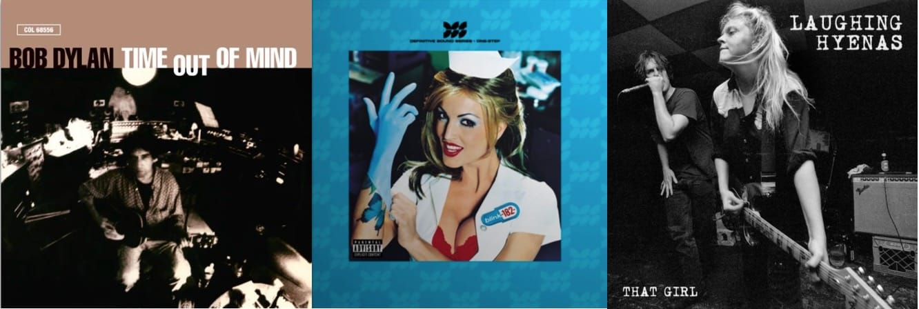 Cover art for Bob Dylan, Blink-182, and Laughing Hyenas.