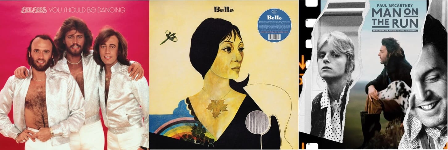 Cover art for Bee Gees, Belle Gonzalez, and Paul McCartney.