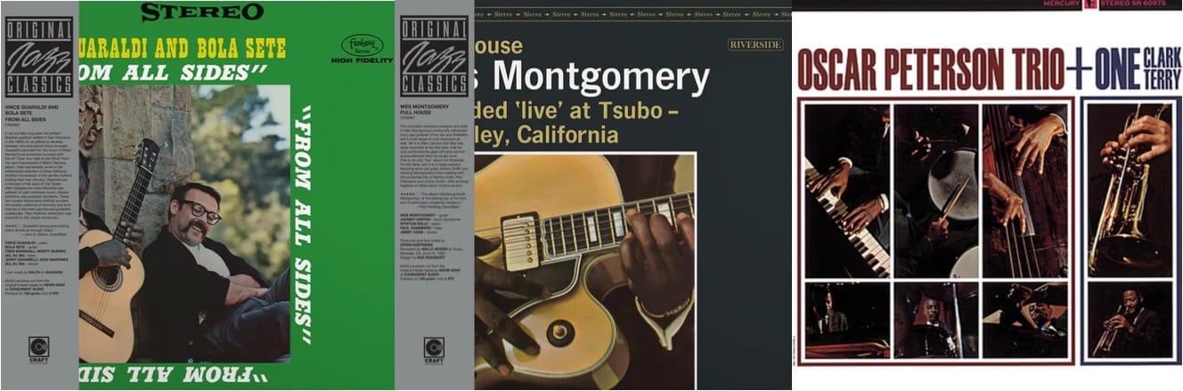 Cover art for Vince Guaraldi & Bola Sete, Wes Montgomery, and the Oscar Peterson Trio with Clark Terry.