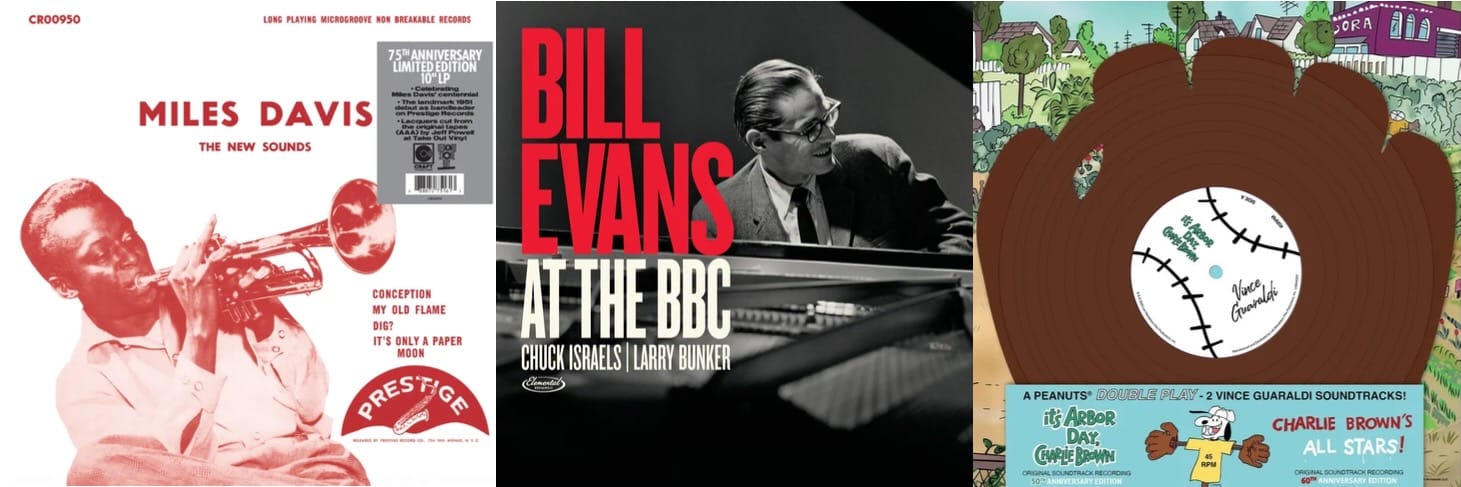 Cover art for Miles Davis, Bill Evans, and Vince Guaraldi.