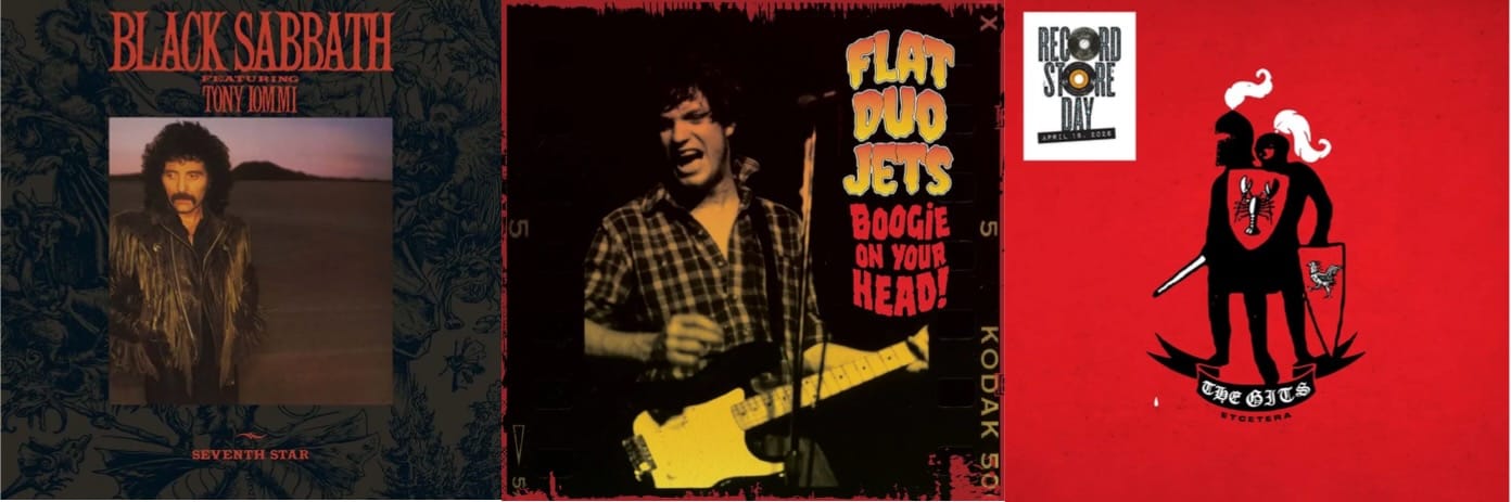 Cover art for Black Sabbath, Flat Duo Jets, and the Gits.