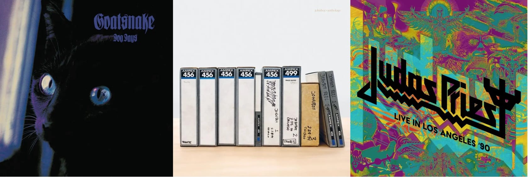 Cover art for Goatsnake, Johnboy, and Judas Priest.