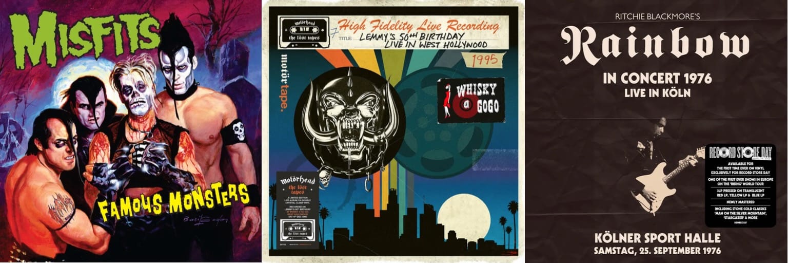 Cover art for Misfits, Motörhead, and Rainbow.