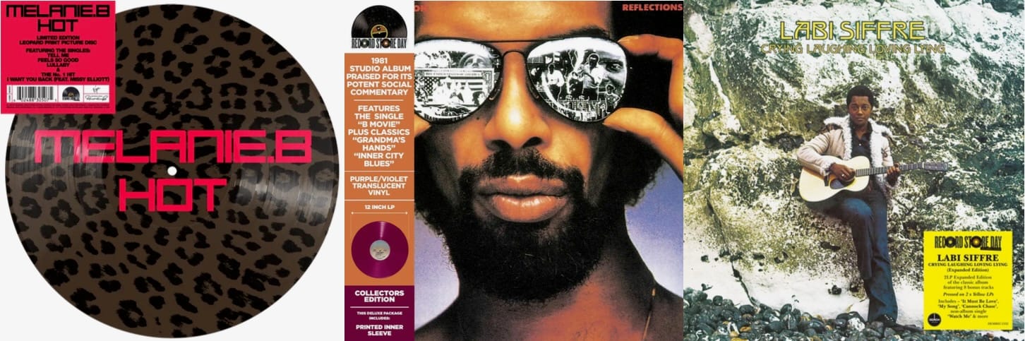 Cover art for Melanie B, Gil Scott-Heron, and Labi Siffre.