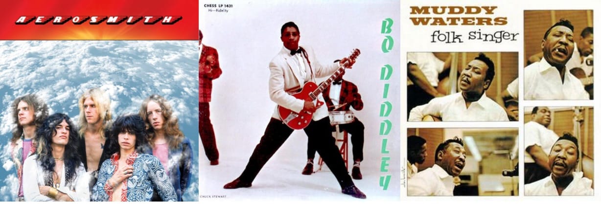 Cover art for Aerosmith, Bo Diddley, and Muddy Waters.