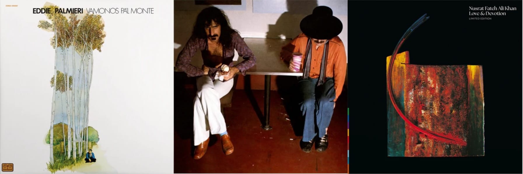 Cover art for Eddie Palmieri, Frank Zappa & Captain Beefheart, and Nusrat Fateh Ali Klan.