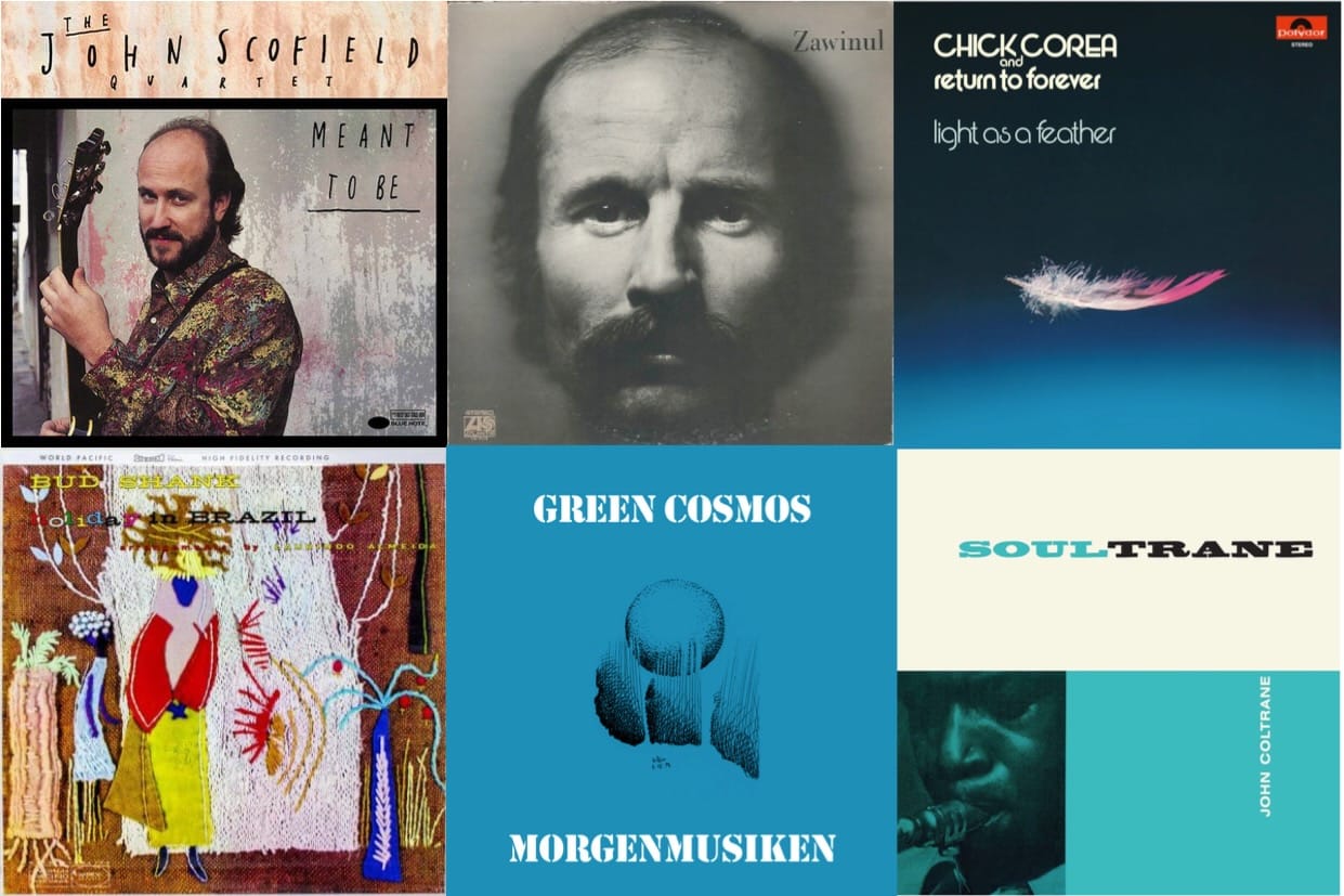 Cover art for John Scofield, Joe Zawinul, Chick Corea & Return to Forever, Bud Shank, Green Cosmos, and John Coltrane.