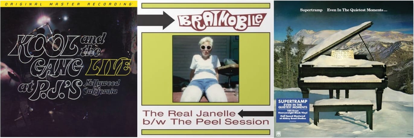 Cover art for Kool and the Gang, Bratmobile, and Supertramp.