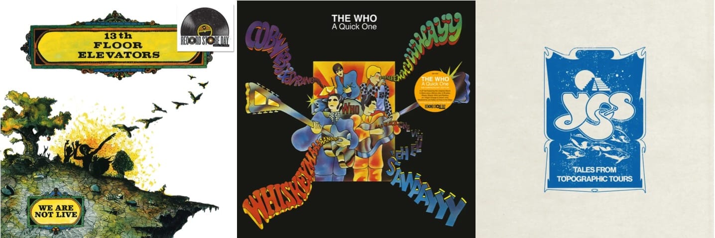 Cover art for the 13th Floor Elevators, the Who, and Yes.
