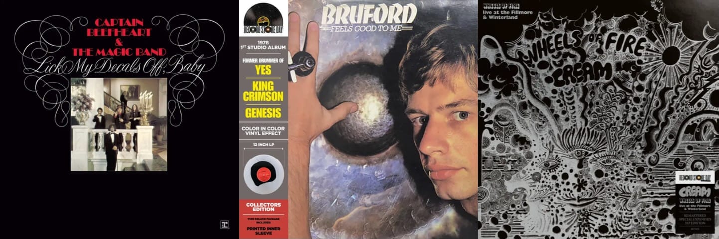 Cover art for Captain Beefheart, Bruford, and Cream.