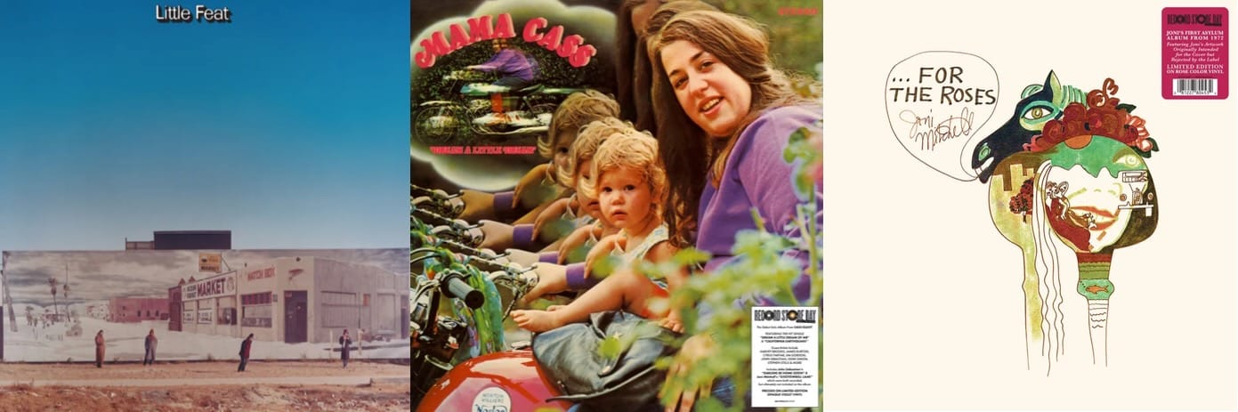 Cover art for Little Feat, Mama Cass, and Joni Mitchell.