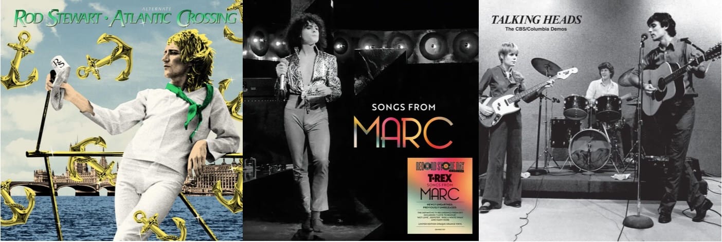 Cover art for Rod Stewart, T. Rex, and Talking Heads.