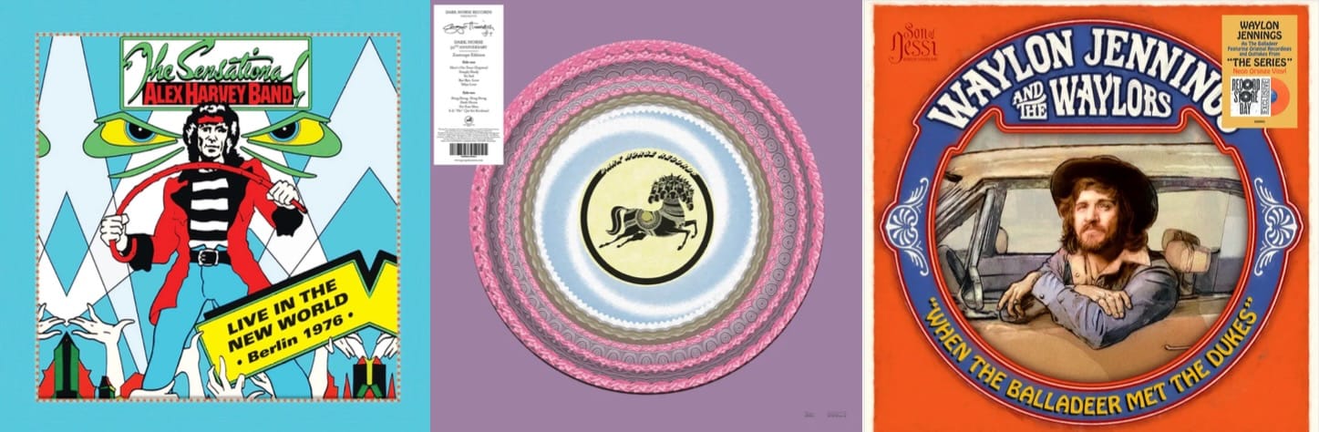 Cover art for the Sensational Alex Harvey Band, George Harrison, and Waylon Jennings.