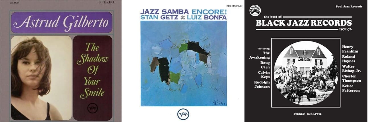 Cover art for Astrud Gilberto, Stan Getz & Luiz Bonda, and Black Jazz Records.