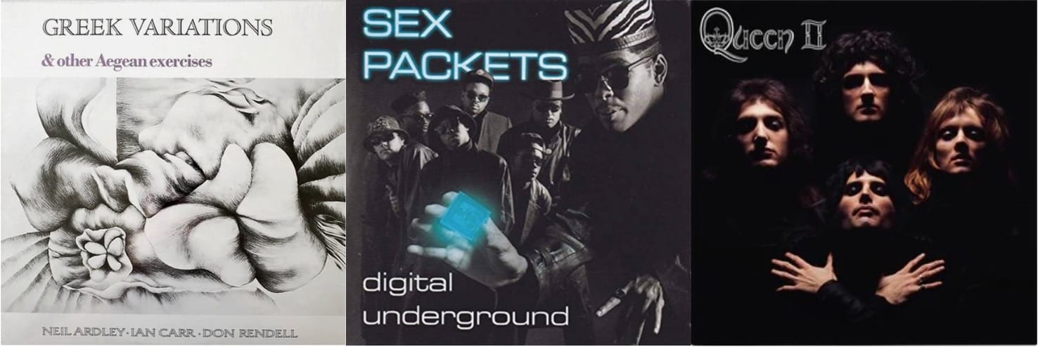 Cover art for Ardley/Carr/Rendell, Digital Underground, and Queen.