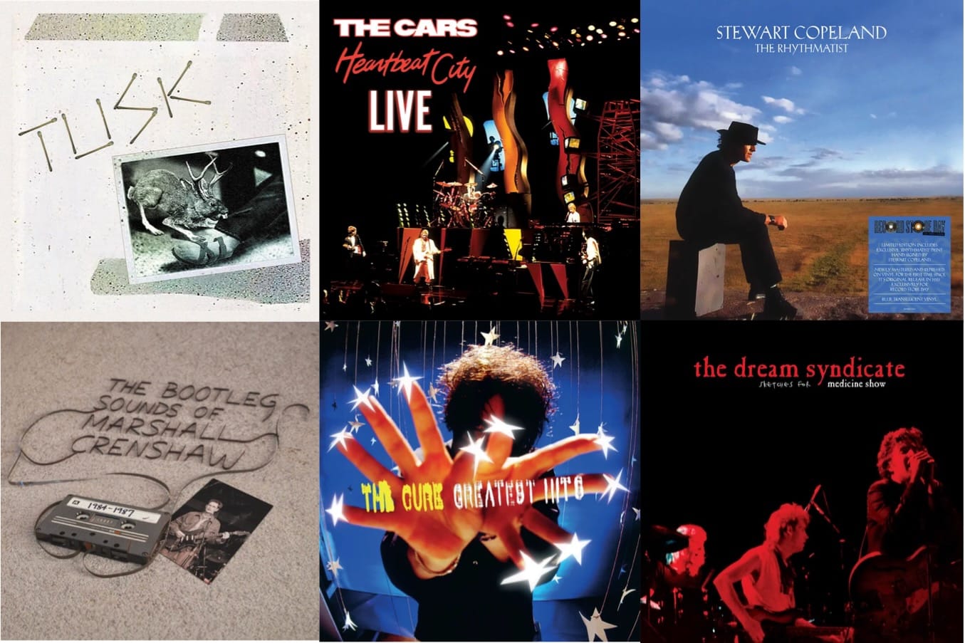 Cover art for Camper Van Beethoven, the Cars, Stewart Copeland, Marshall Crenshaw, the Cure, and the Dream Syndicate.