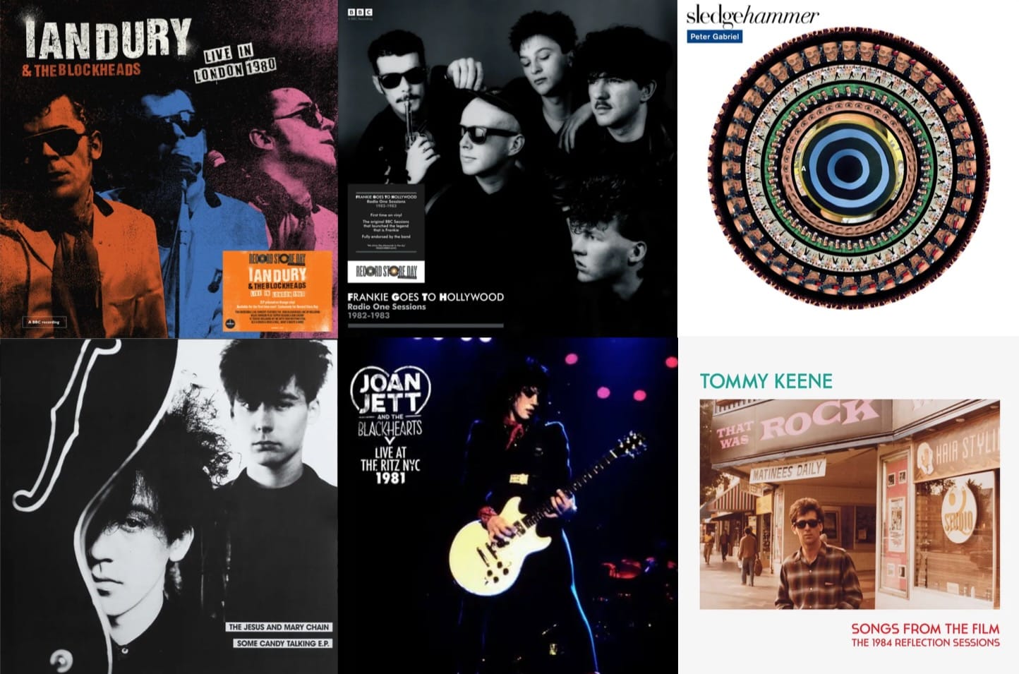 Cover art for Ian Dury, Frankie Goes to Hollywood, Peter Gabriel, the Jesus and Mary Chain, Joan Jett, and Tommy Keene.