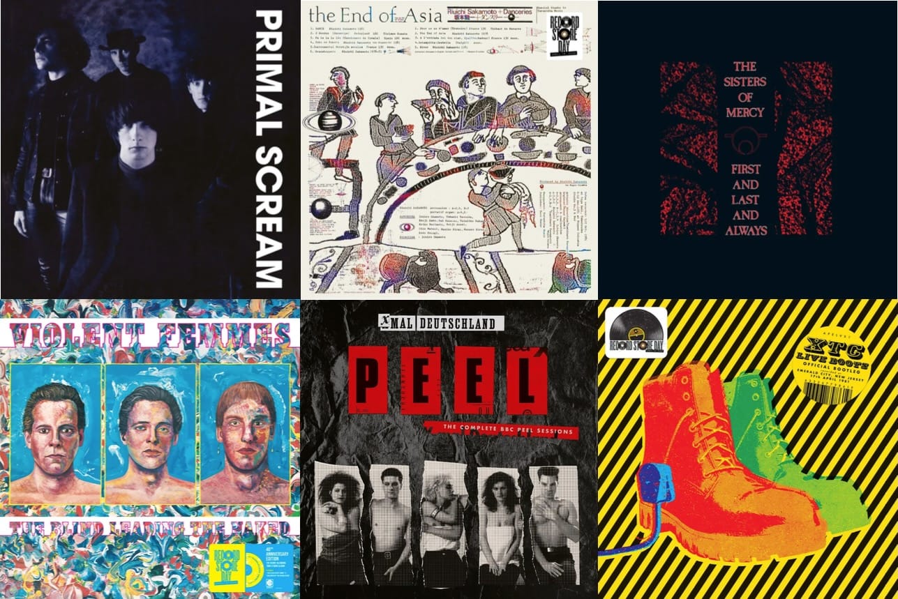 Cover art for Primal Scream, Ryuichi Sakamoto, the Sisters of Mercy, Violent Femmes, Xmal Deutschland, and XTC.