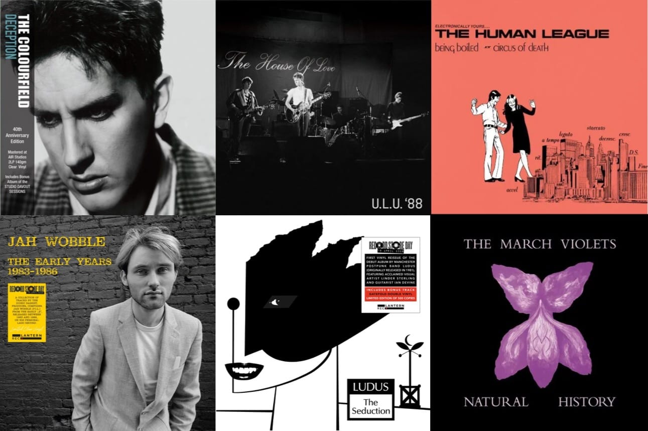 Cover art for the Colourfield, the House of Love, the Human League, Jah Wobble, Ludus, and the March Violets.