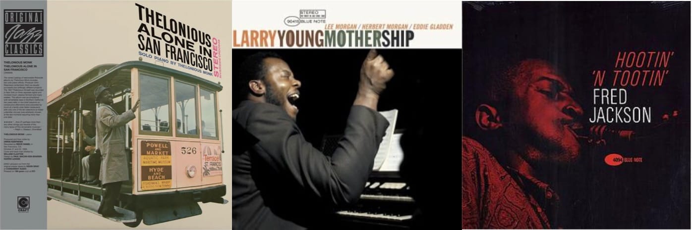 Cover art for Thelonious Monk, Larry Young, and Fred Jackson.