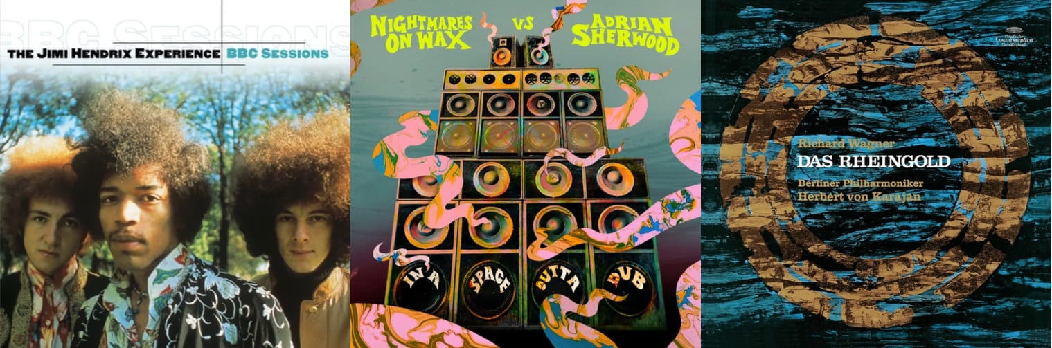Cover art for the Jimi Hendrix Experience, Nightmares on Wax, and Das Rheingold.